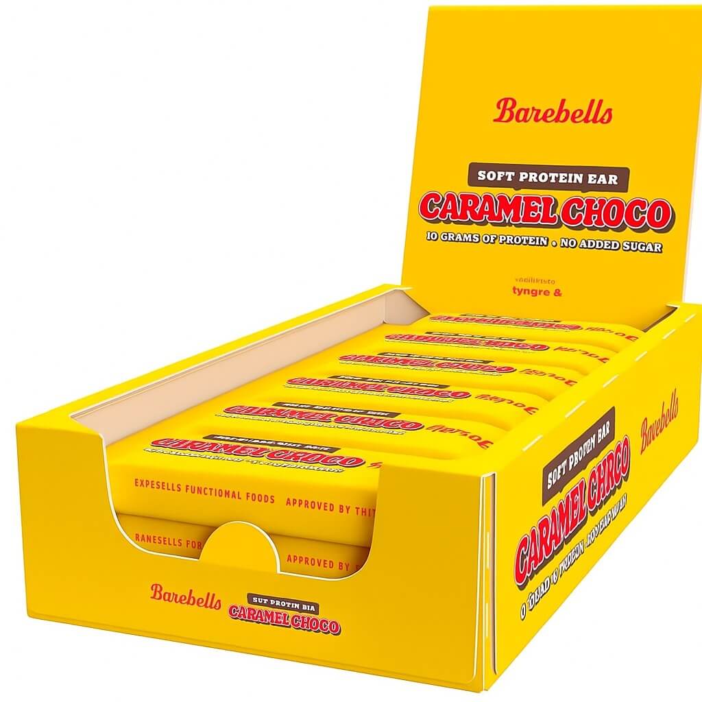 Barebells Soft Protein Bar Caramel Choco – pehmeä proteiinipatukka ilman lisättyä sokeria, pakkauslaatikko keltaisena esillä.