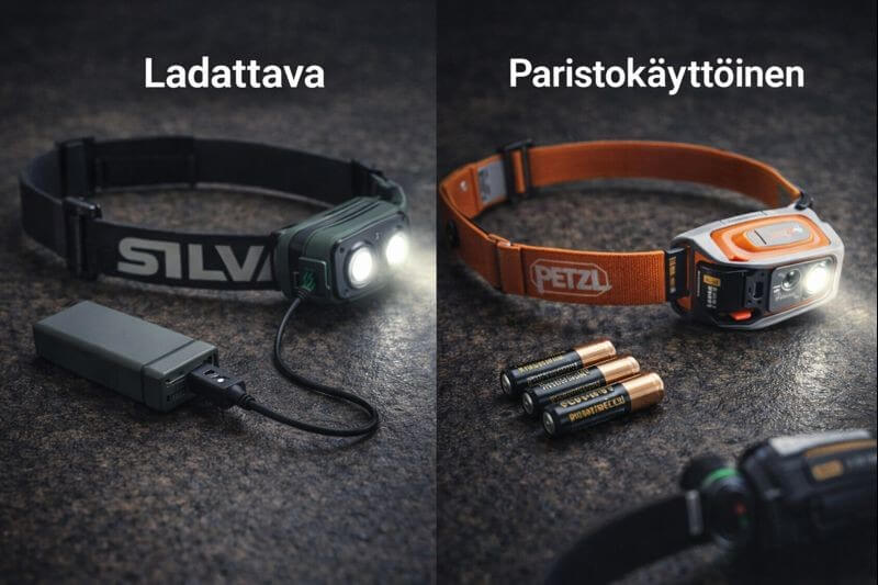 Ladattava ja paristokäyttöinen otsalamppu rinnakkain – akku ja USB-lataus verrattuna AAA-paristoihin.