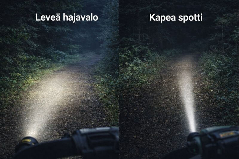 Otsalampun valokuvioiden ero – leveä hajavalo verrattuna kapeaan spottivaloon metsäpolulla.