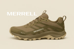 Merrell Moab Speed 2 GTX -kengät sivuprofiilista beige-oliivisävyisenä, lähikuva artikkelikuvana valkoisella taustalla.