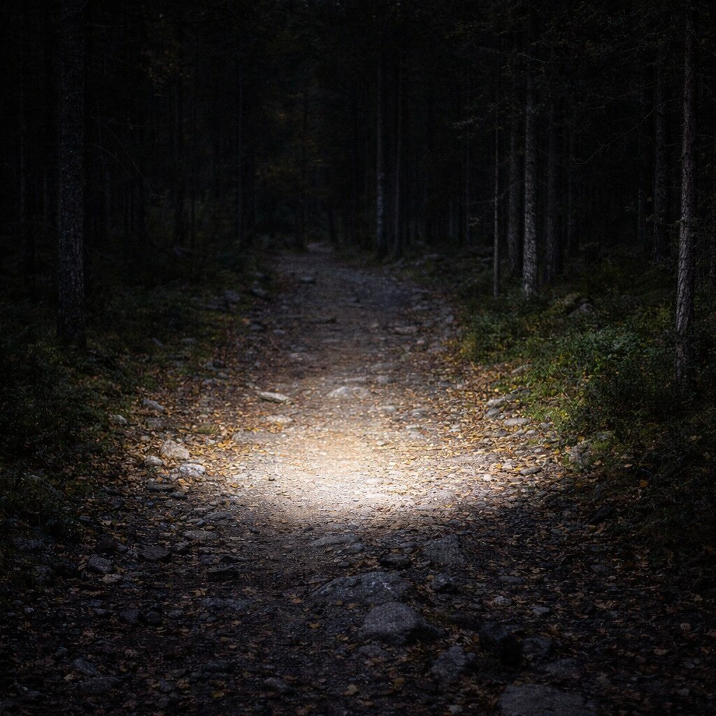 Juoksija käyttämässä Silva Trail Runner Free 2 Hybrid otsalamppua metsäpolulla.