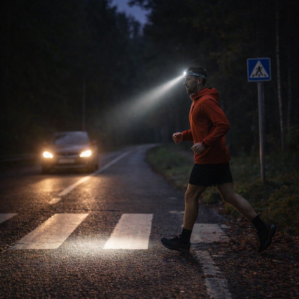 Juoksija ylittämässä tietä otsalamppu päässä hämärässä – näkyvyys ja turvallisuus juoksulenkillä.