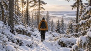 Talviretkeilijä lumisella metsäpolulla keltaisessa takissa.