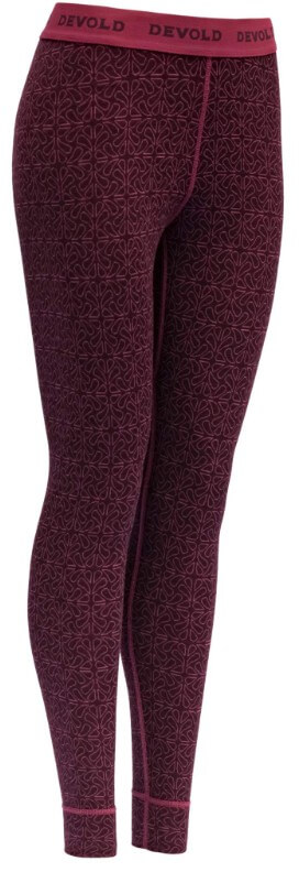 Devold Duo Active Merino 205 -naisten pitkät kerrastohousut viininpunaisina ja kuvioituina.
